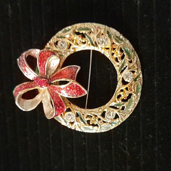 Vintage Danecraft Signed Gold Tone Christmas Wreath Brooch Pin Red Bow Holiday - Picture 16 of 16